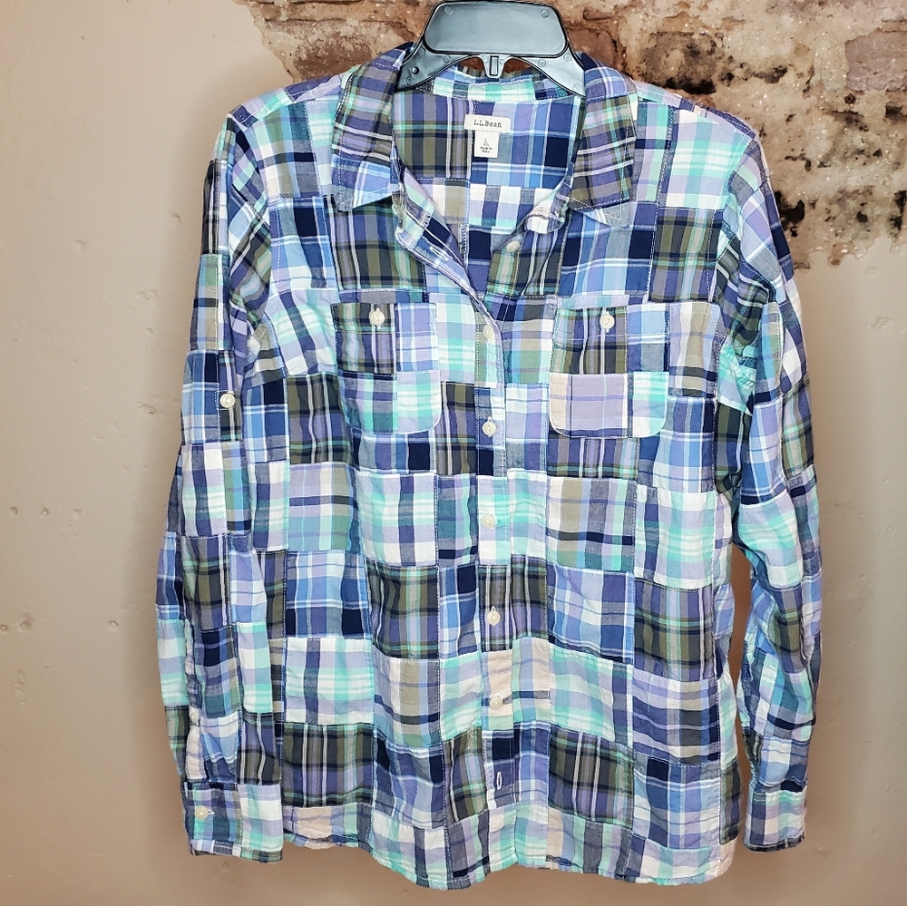 L. L. Bean Blue Patchwork Madras Button Up Shirt Women's Size Large